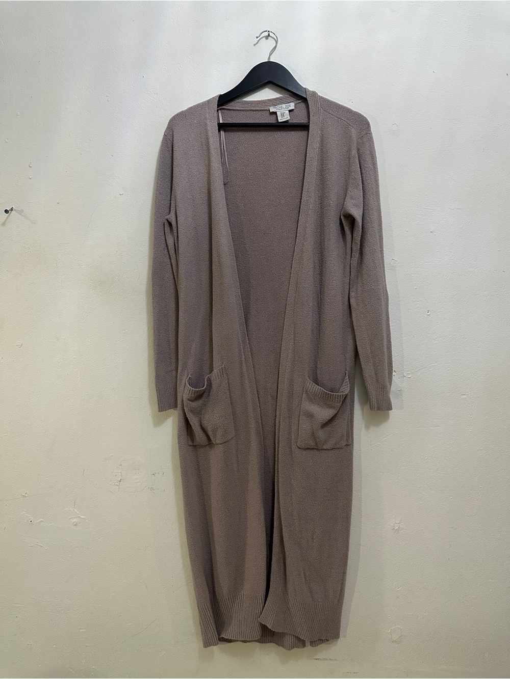 Rachel Zoe Long Open Front Cardigan Sweater Taupe Soft Knit Pockets Women’s M